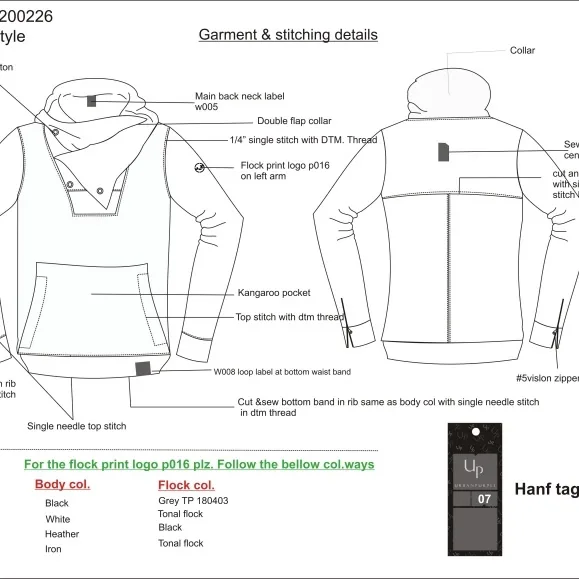Garment technical drawing with construction notes