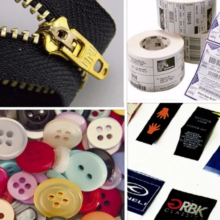 Assortment of zippers, buttons, labels and other garment trims